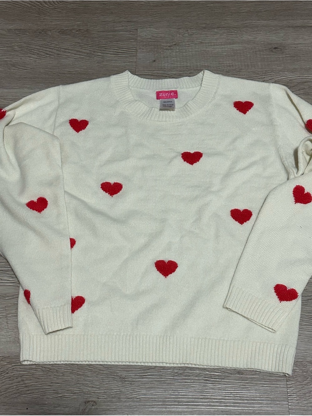 Zunie Cream Crewneck Sweater with Red Heart Accents